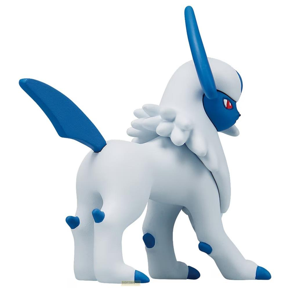 Ein weißer Pokémon-Figur mit blauen Akzenten und roten Augen.