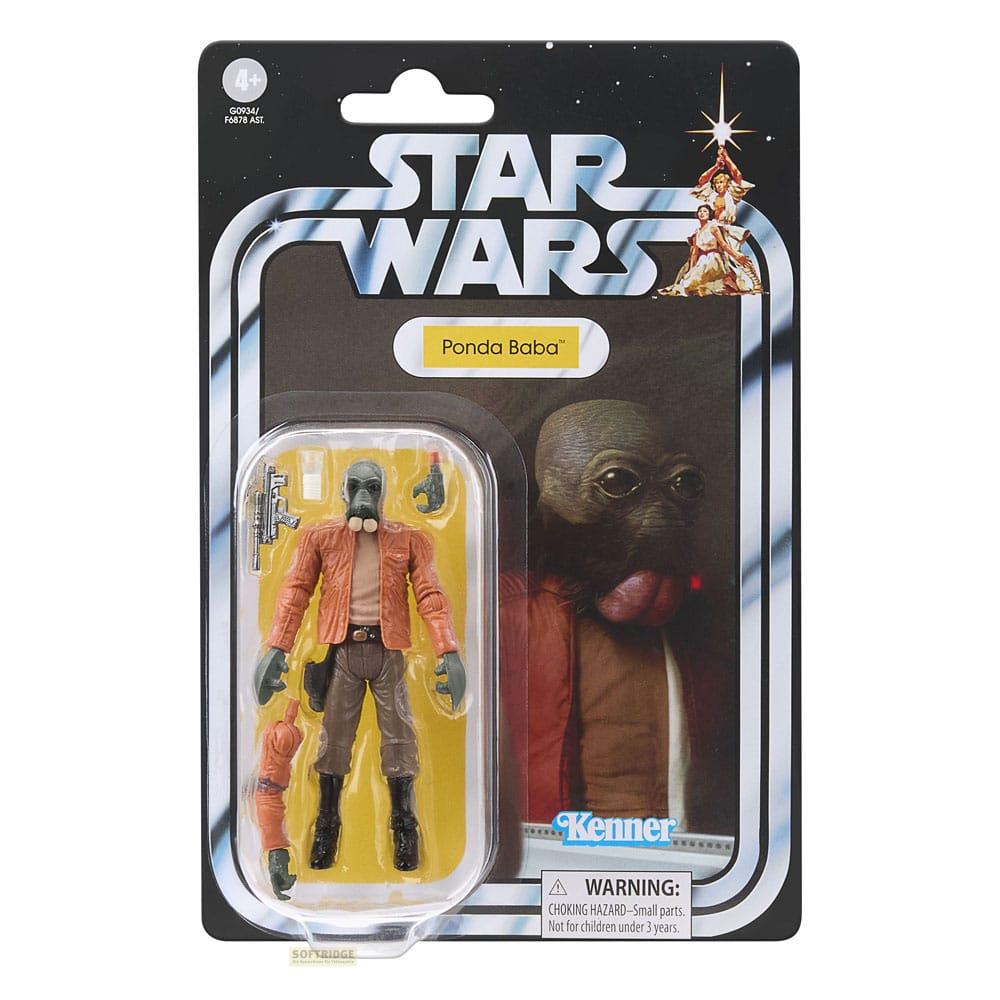 Action figure Star Wars Ponda Baba in confezione. Figura indossa giacca arancione, maschera.