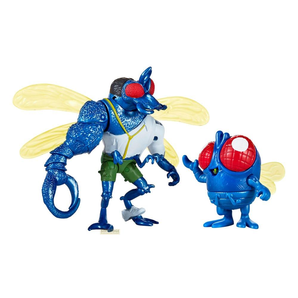 Due action figure di mosca: una grande blu con ali, una piccola blu.