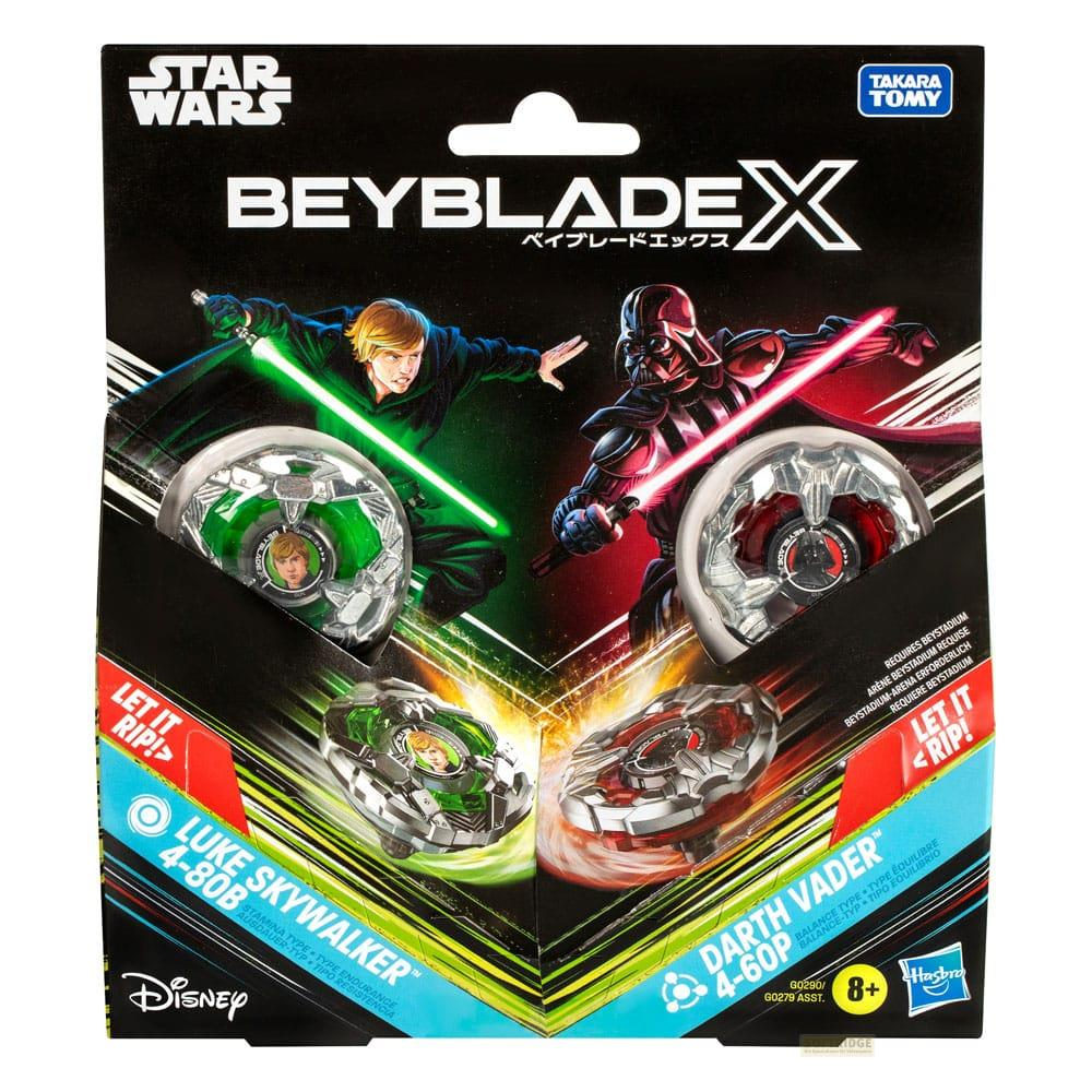 Emballage Star Wars Beyblade X avec les jouets Luke Skywalker et Dark Vador.