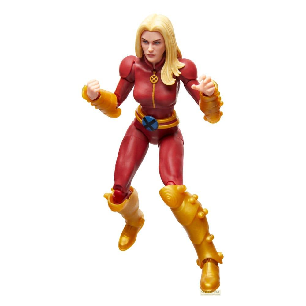 Figura de acción de mujer con traje rojo, acentos amarillos y logo X-Men.