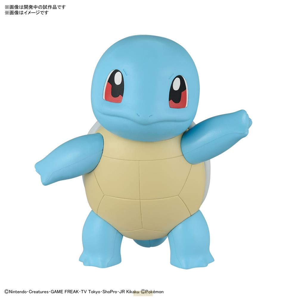 Une figurine bleue de Carapuce Pokémon avec carapace beige et yeux rouges, sur fond blanc.