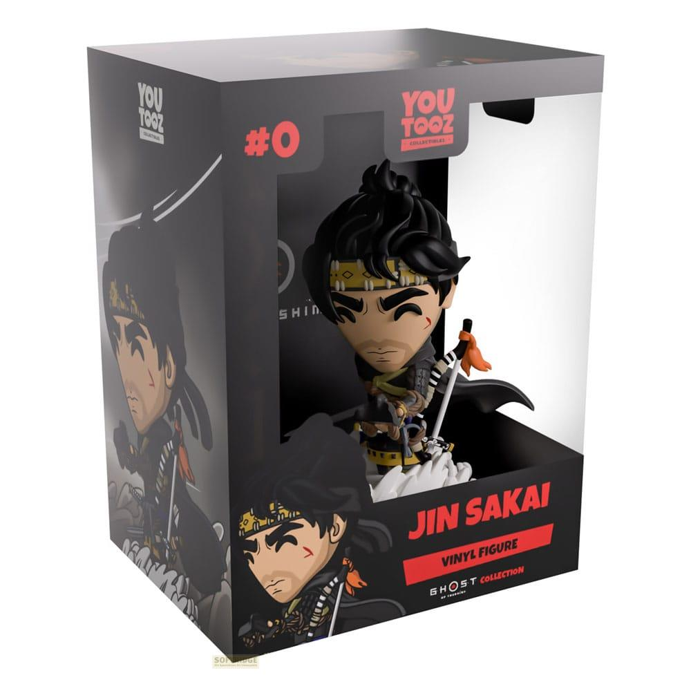 Jin Sakai Vinyl Figur in Box. Dunkle Kleidung, gelbes Stirnband, Schwert.
