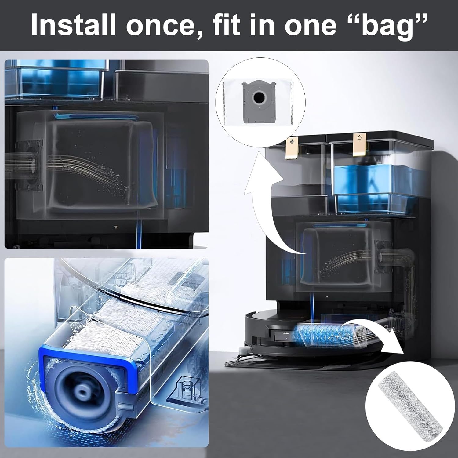 Zbiornik na wodę i rolka szczotki robota odkurzającego w przekroju.