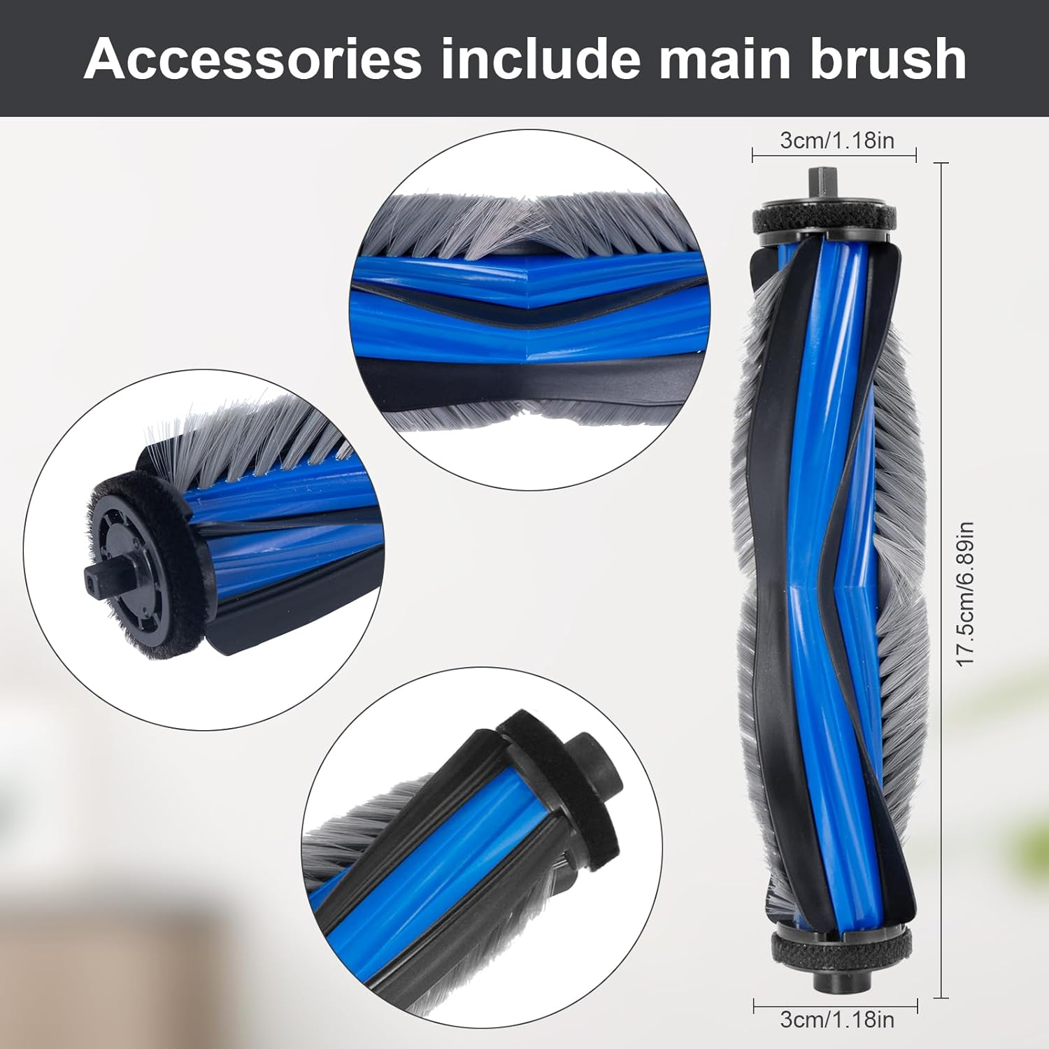 Szczotka główna z niebieskimi i czarnymi elementami, z wymiarami.