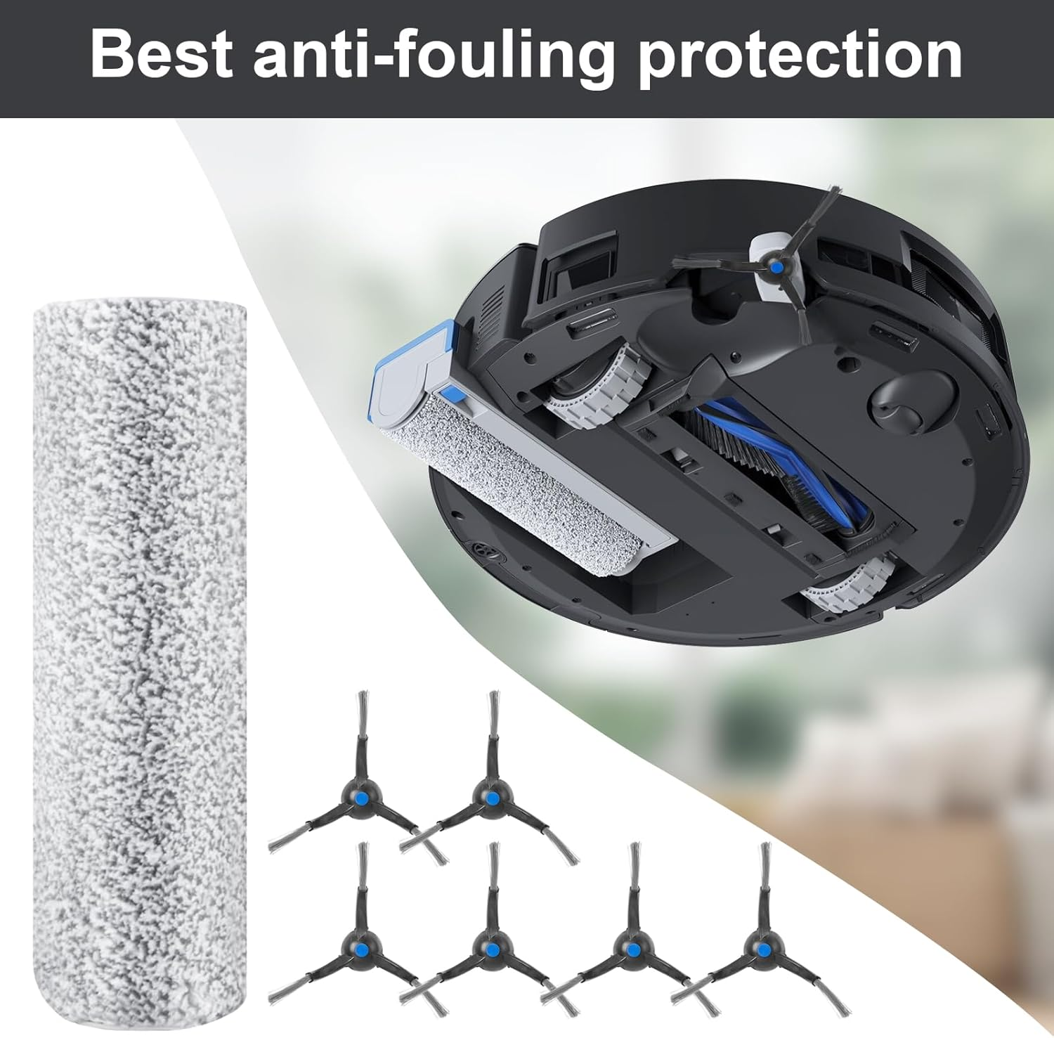 Wałek czyszczący i cztery szczotki boczne do robota odkurzającego.