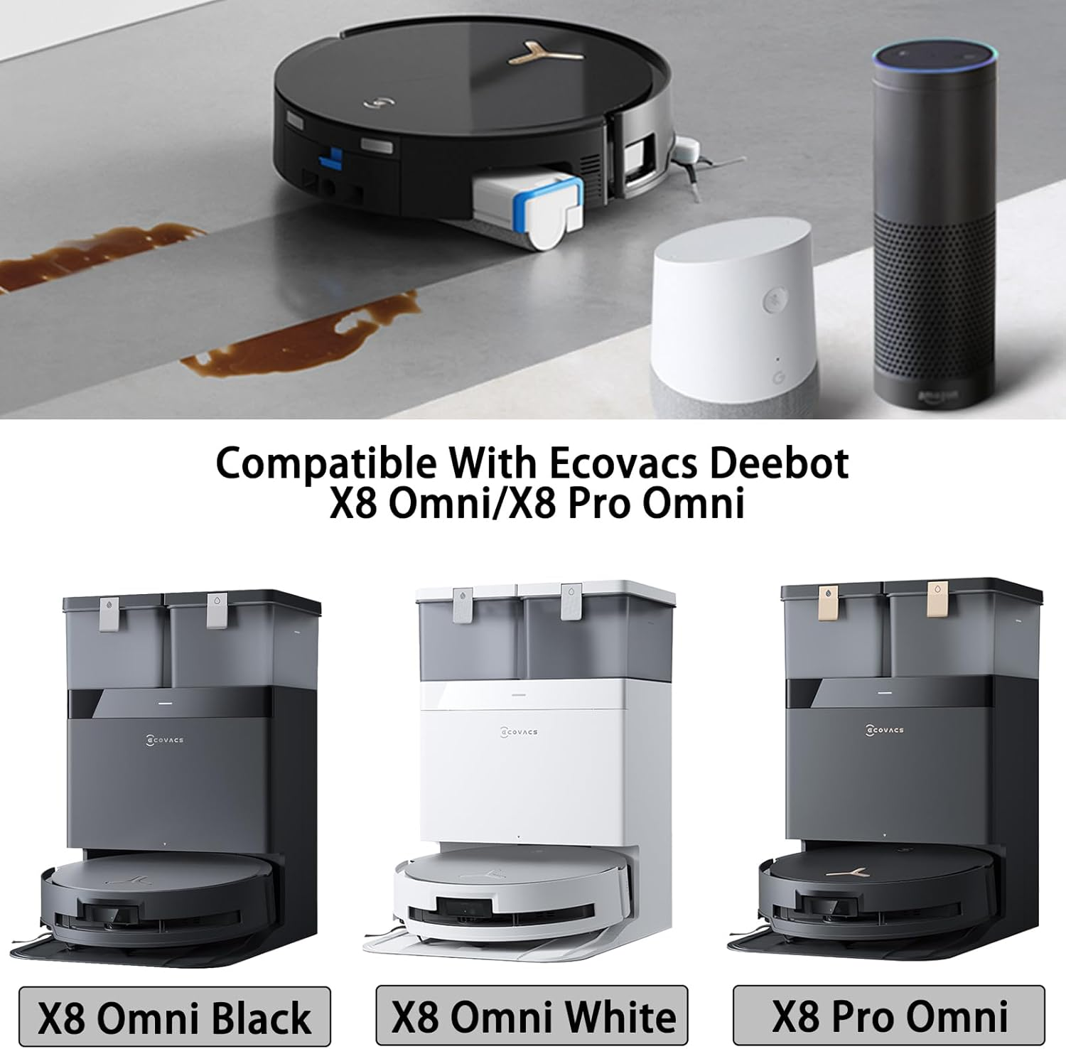 Odkurzacz automatyczny ze stacjami w kolorze czarnym, białym i grafitowym.