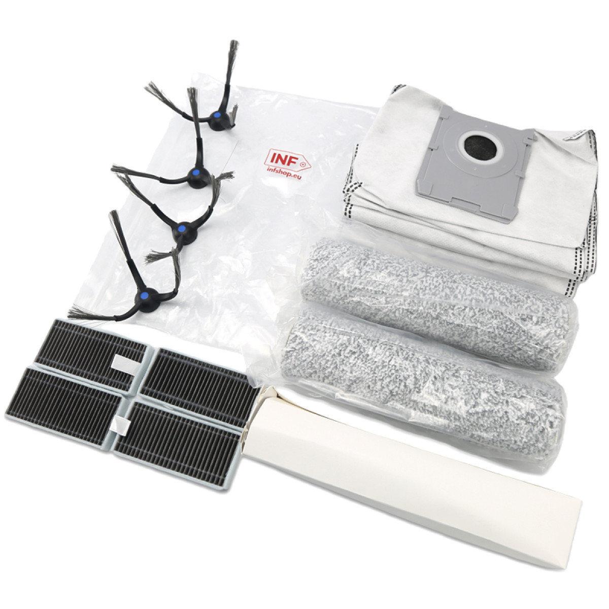 Akcesoria czyszczące: szczotki, filtry, wałki i worki.