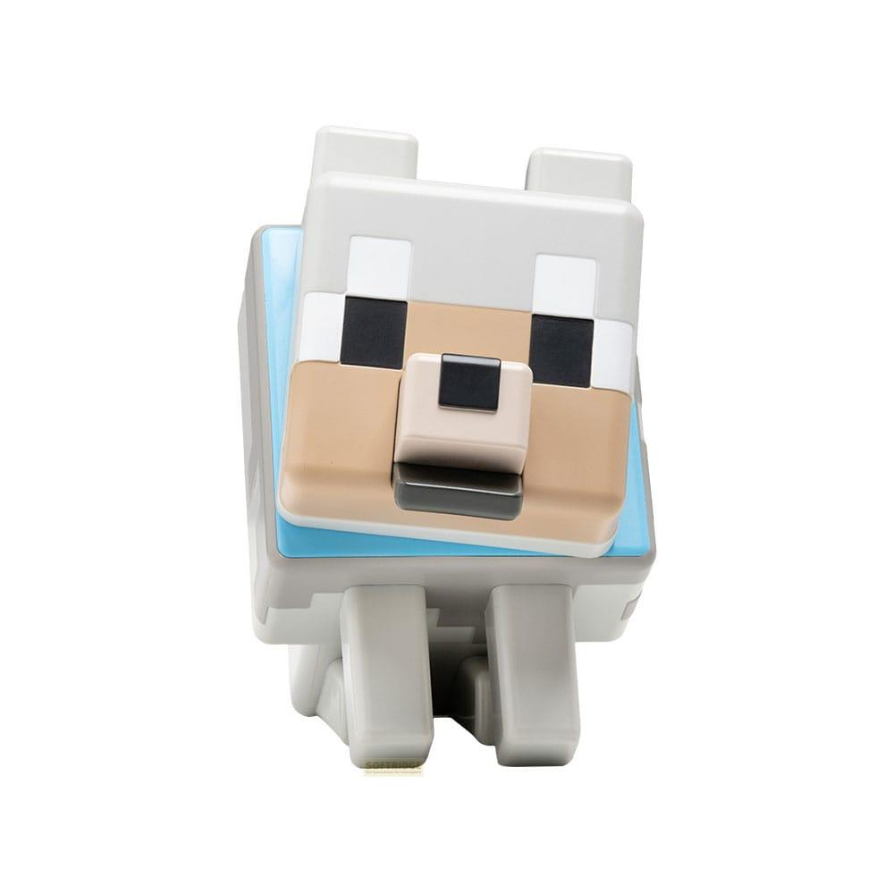 Szary wilk z Minecraft z beżową twarzą i niebieskim kołnierzem.