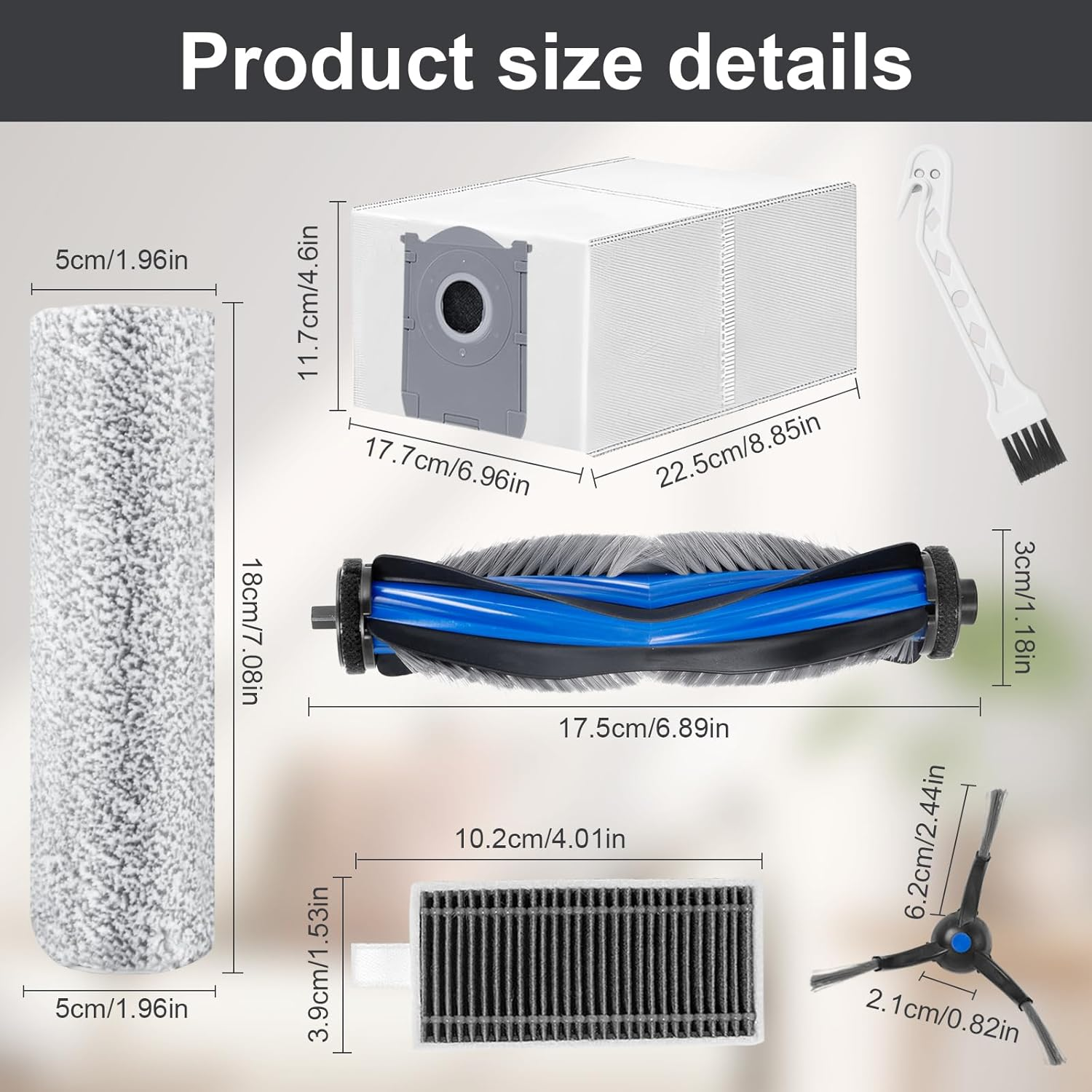 Szczegóły rozmiarów produktu przedstawiające szczotkę rolkową, filtr, szczotkę czyszczącą i szczotkę boczną z wymiarami.