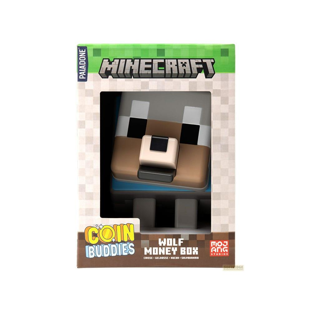 Pudełko na monety Minecraft Wolf Coin Buddies od Paladone, w pikselowym stylu.