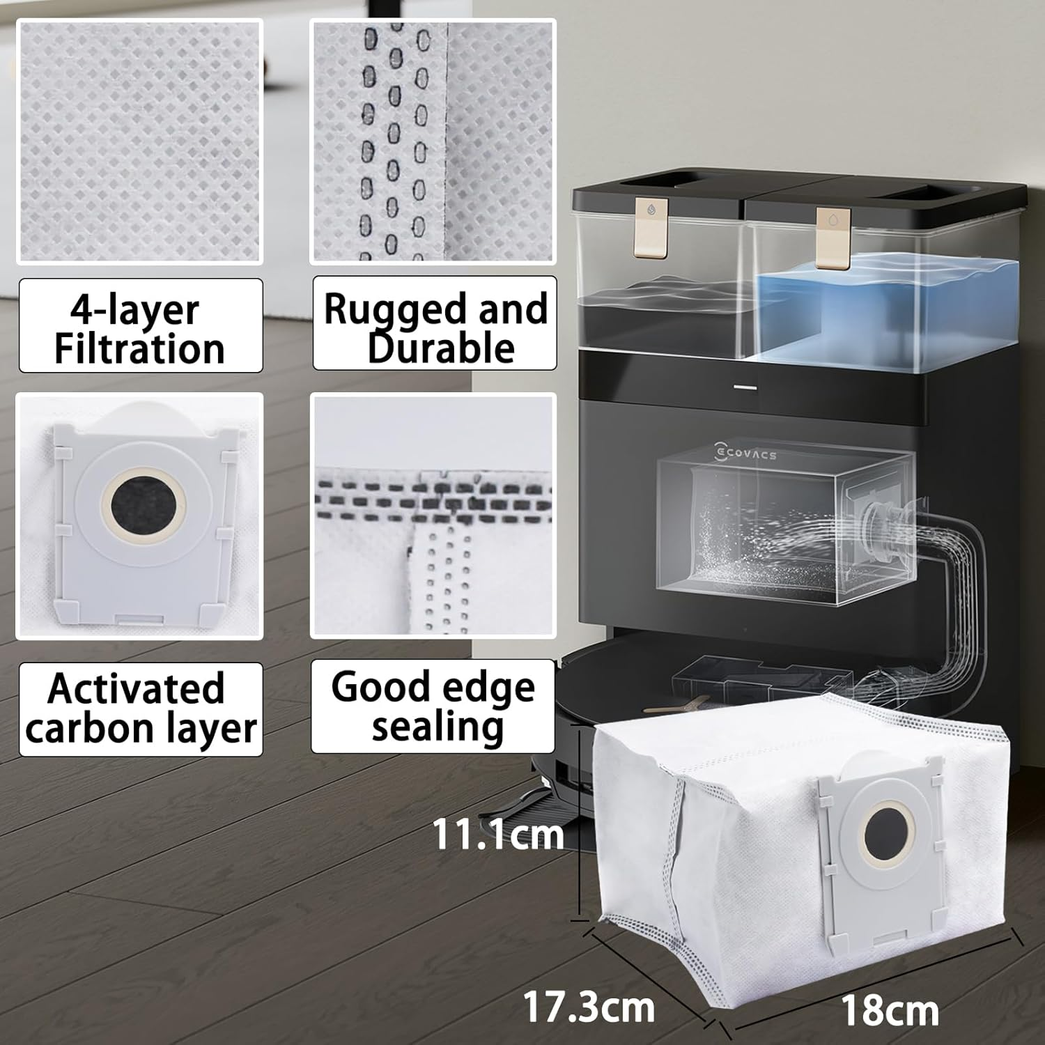 Obrazek przedstawia worek do odkurzacza z 4-warstwową filtracją i węglem aktywnym.