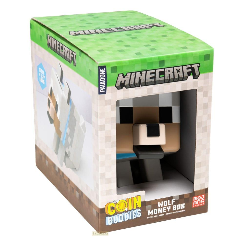 Pudełko na pieniądze Wilk Minecraft w pudełku z pikselowym wzorem i napisem "Coin Buddies".
