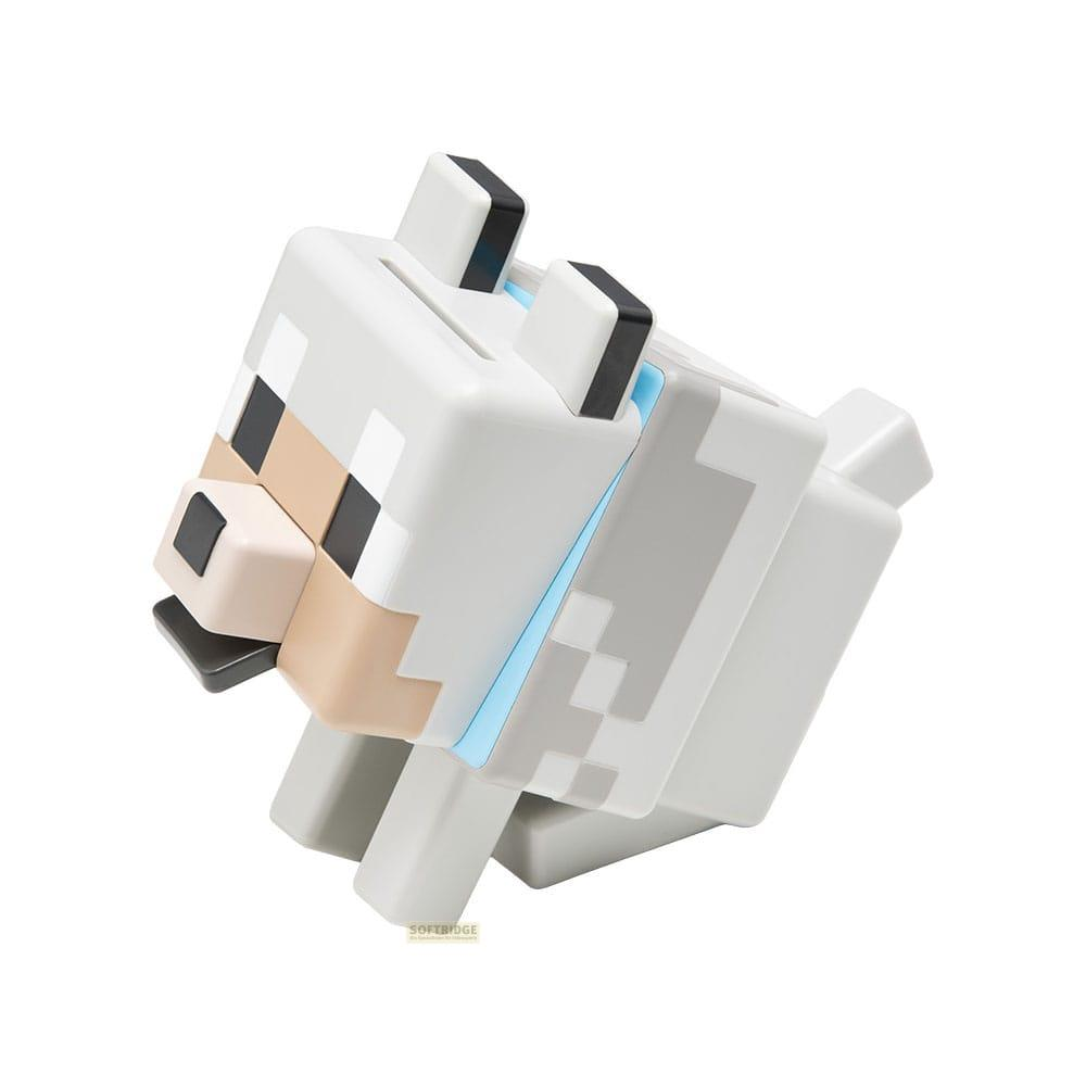 Biała i szara skarbonka Minecraft w kształcie wilka z niebieskimi akcentami.