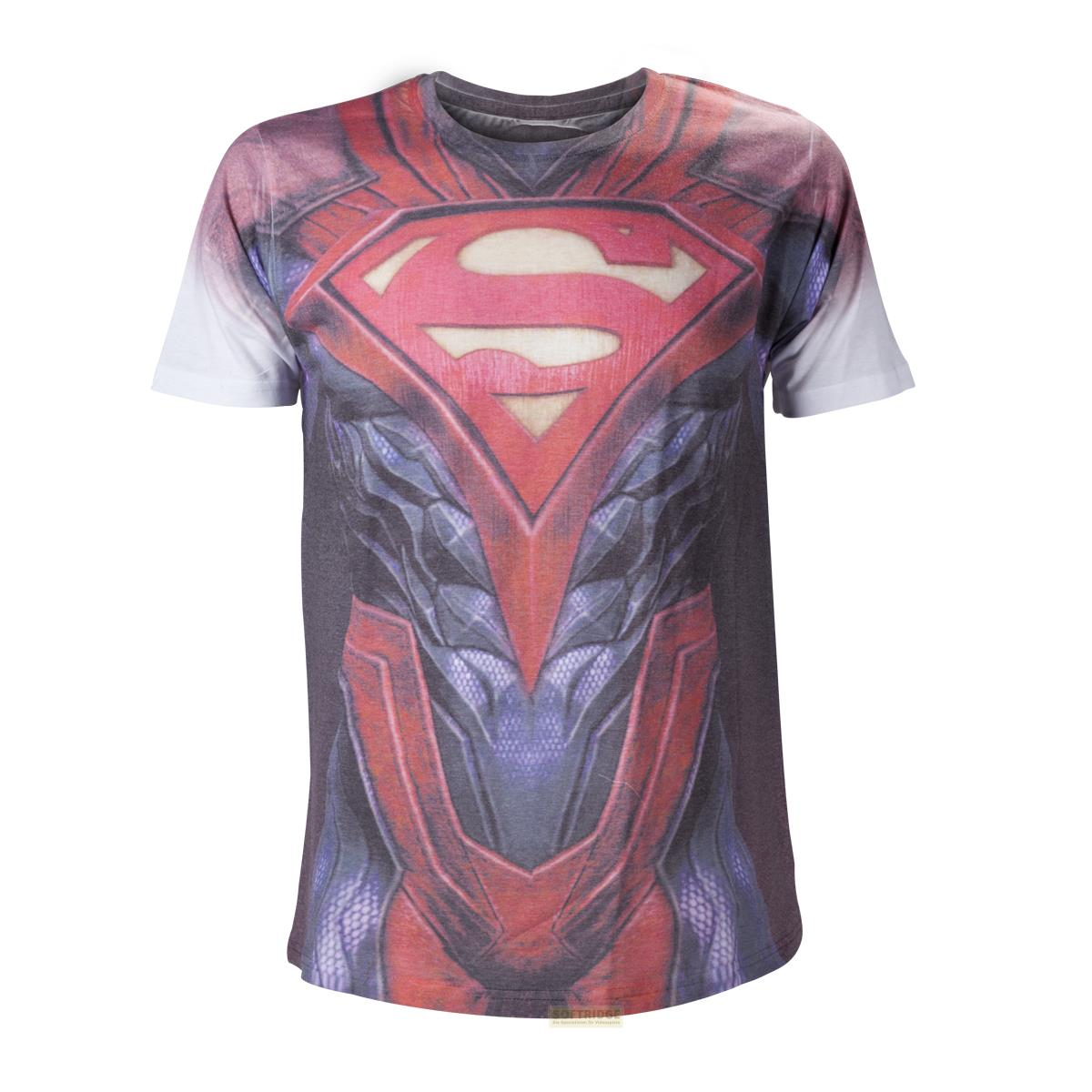Ein T-Shirt mit dem Superman-Logo und Rüstungsdetails in Rot und Blau.