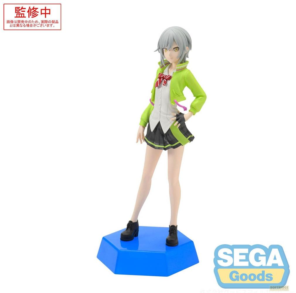 Eine Anime-Figur mit kurzen grauen Haaren, grüner Jacke und kariertem Rock.