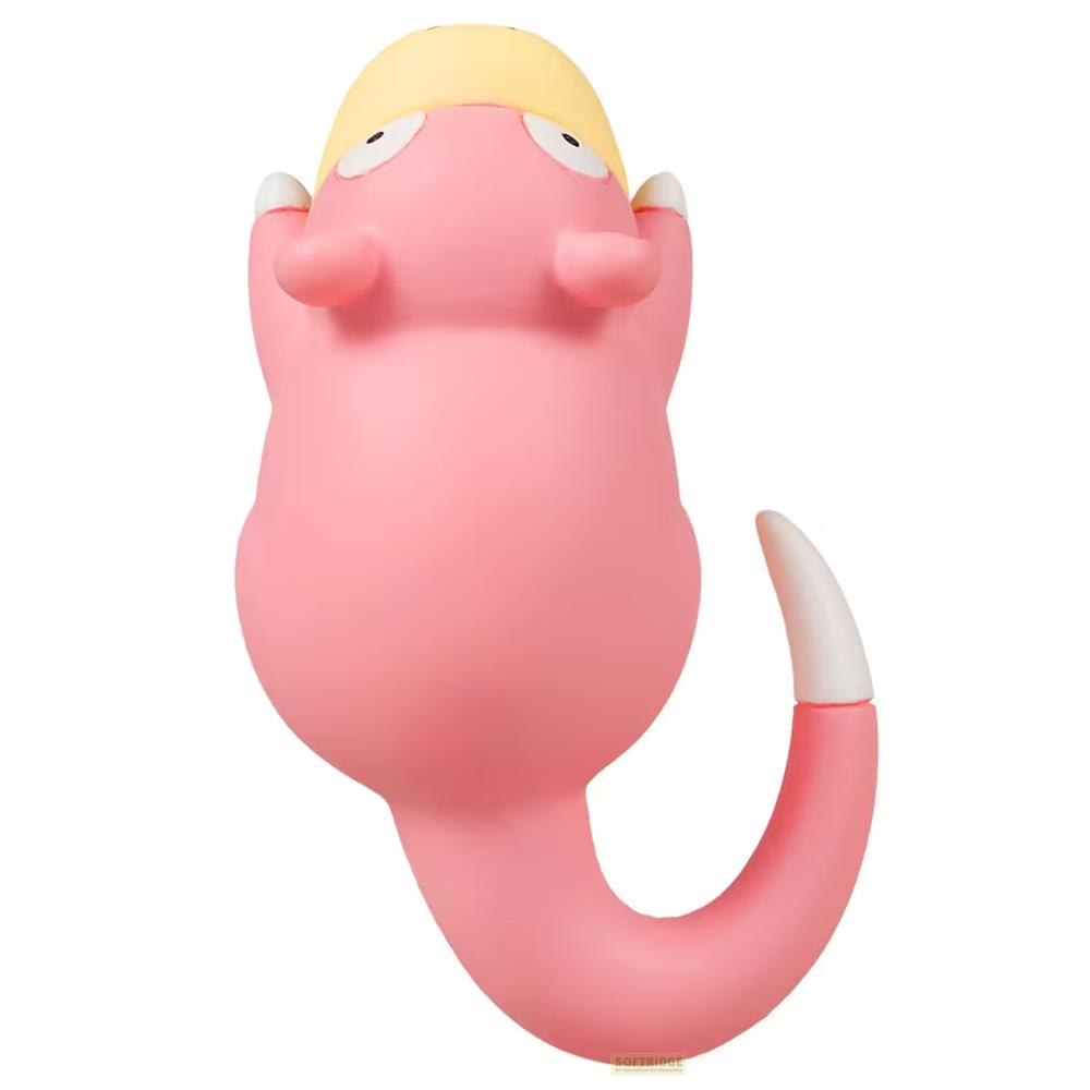 Eine rosa Figur mit gelbem Kopf, die auf dem Rücken liegt.