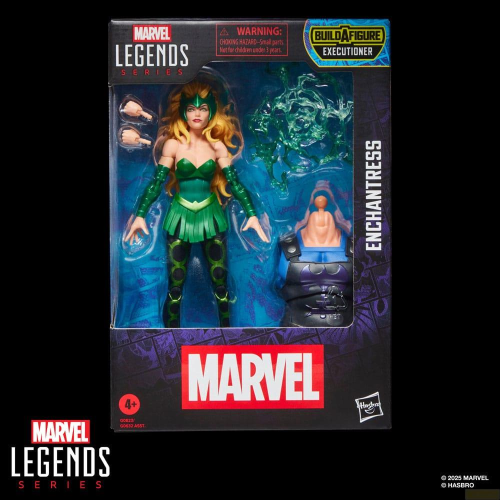 Figura de acción Marvel Legends Enchantress en caja con accesorios.
