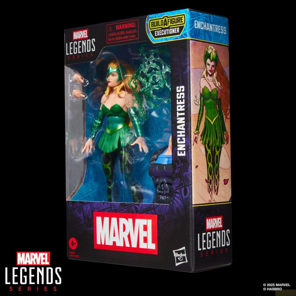 Figura de acción Marvel Legends Enchantress con traje verde, dentro de una caja.