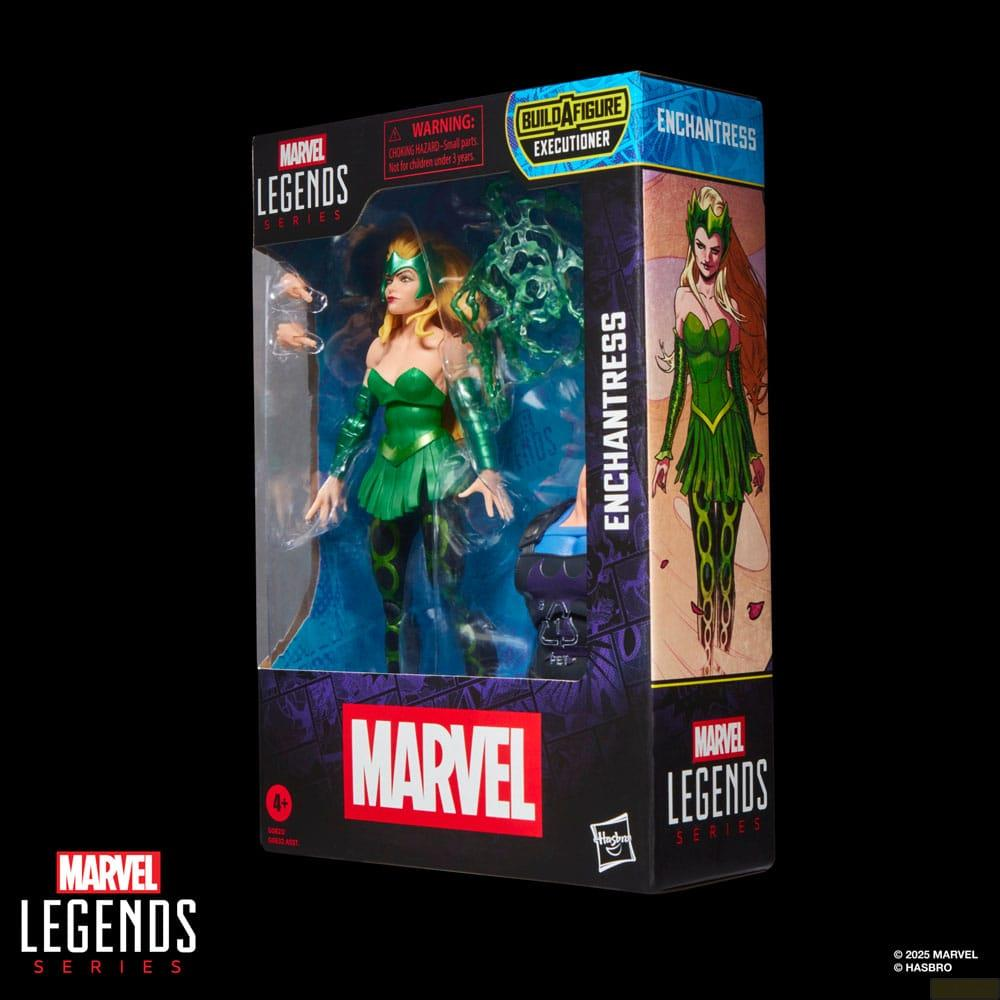 Figura de acción Marvel Legends Enchantress en caja con accesorios, mostrada de frente.