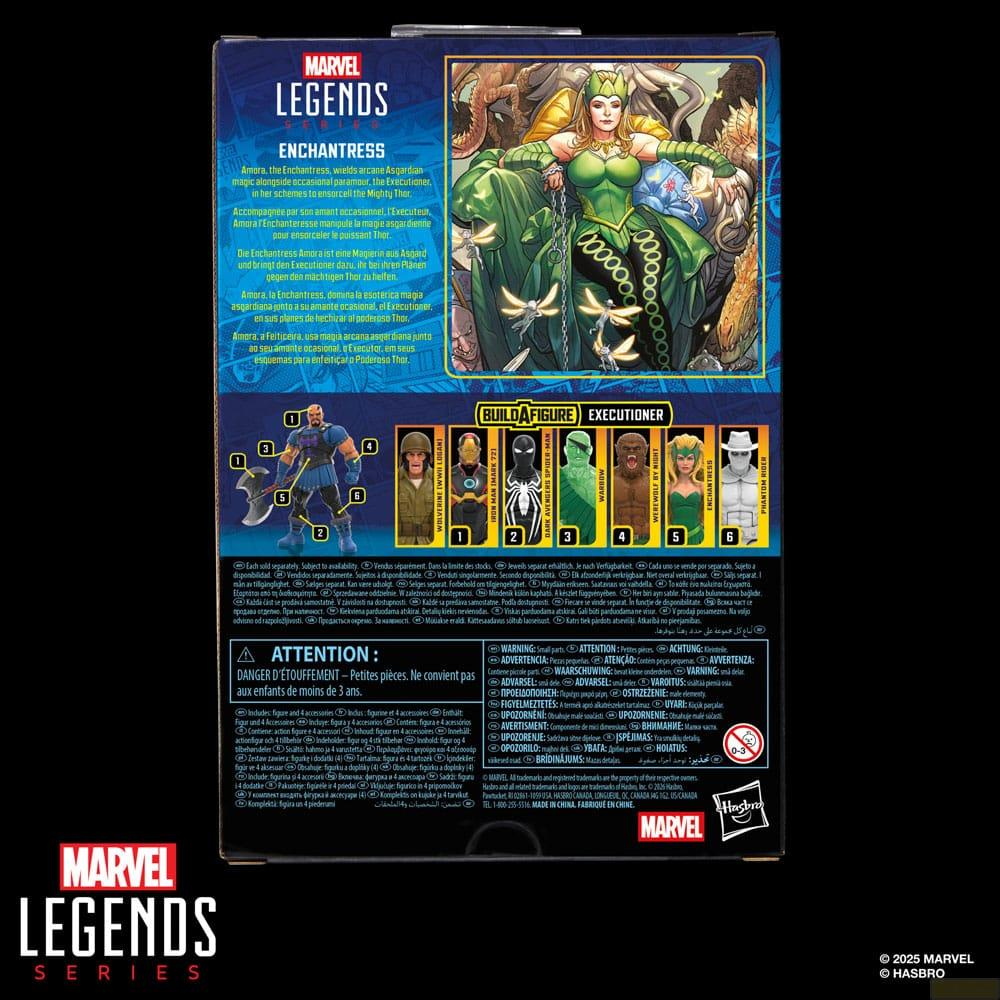 Figura de acción Marvel Legends Enchantress con accesorios en el empaque. Incluye 6 figuras.