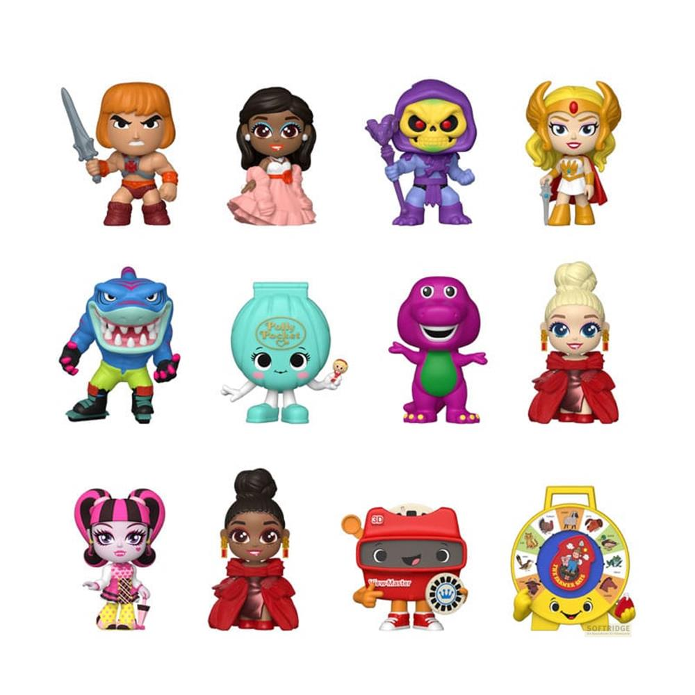 Doce figuras: He-Man, Skeletor, Polly Pocket, Barney, Monster High, View-Master.