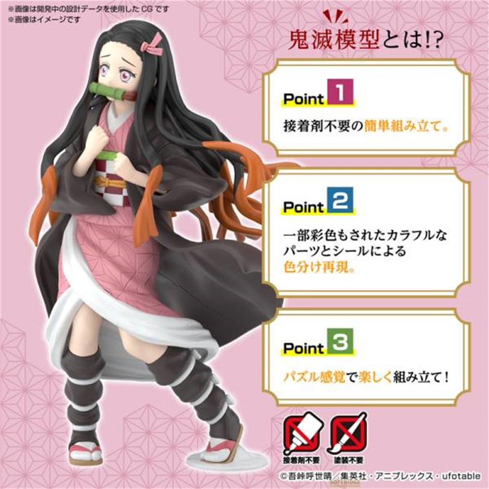 Una figura del personaggio anime Nezuko Kamado, con caselle di testo che evidenziano i punti di assemblaggio.