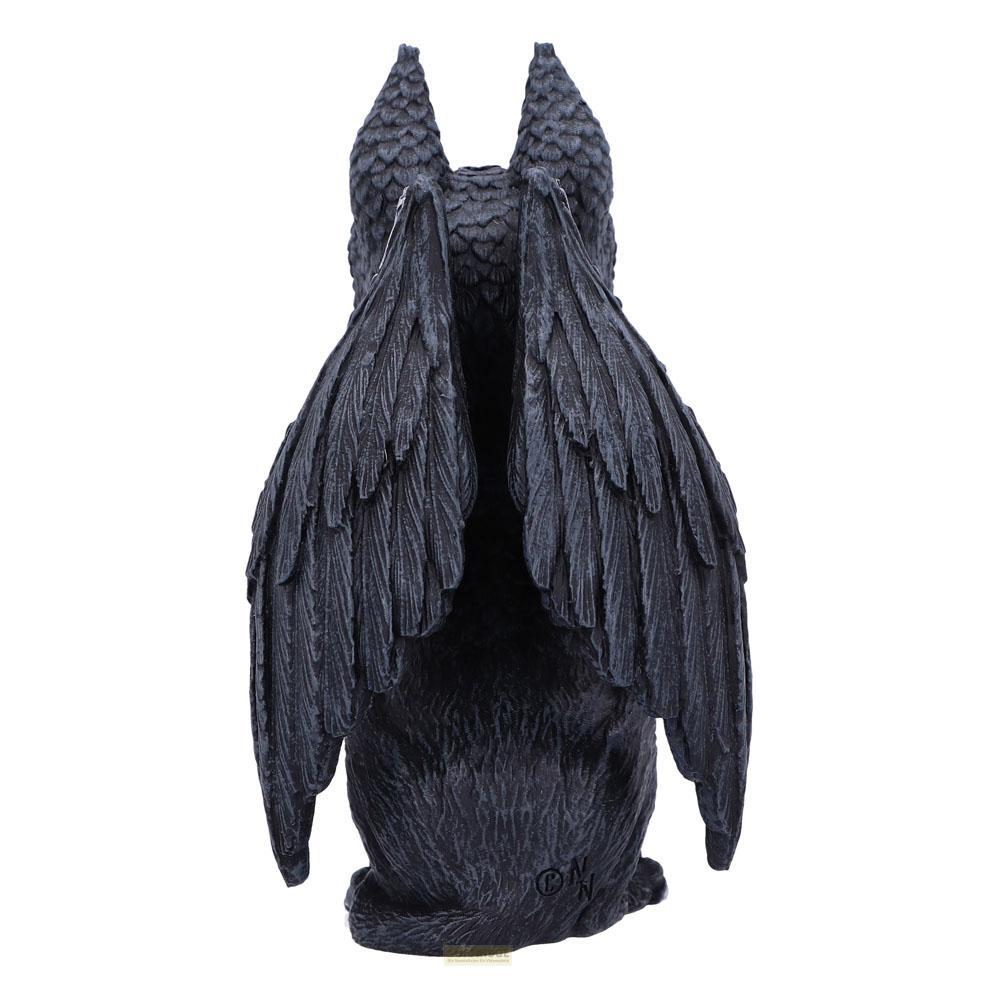 Estatua negra de criatura alada con plumas detalladas.