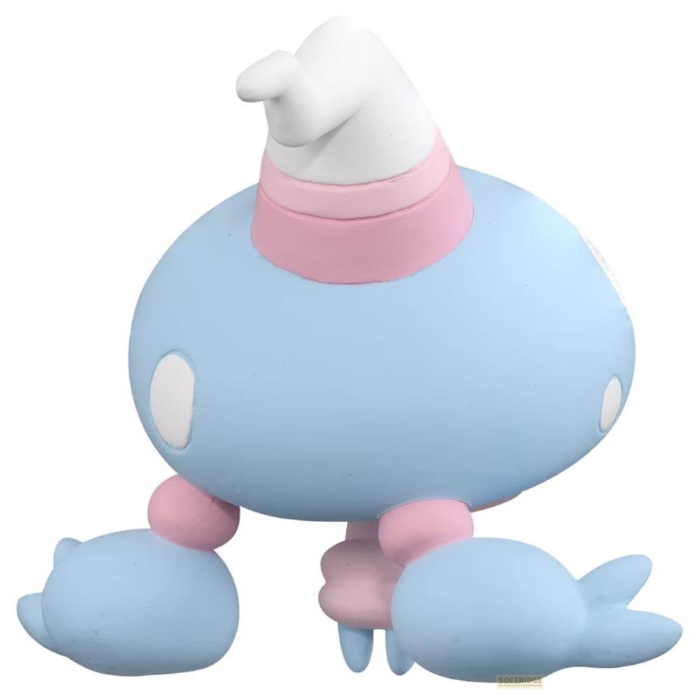 Eine hellblaue Figur mit einem weißen Hut und rosa Akzenten.
