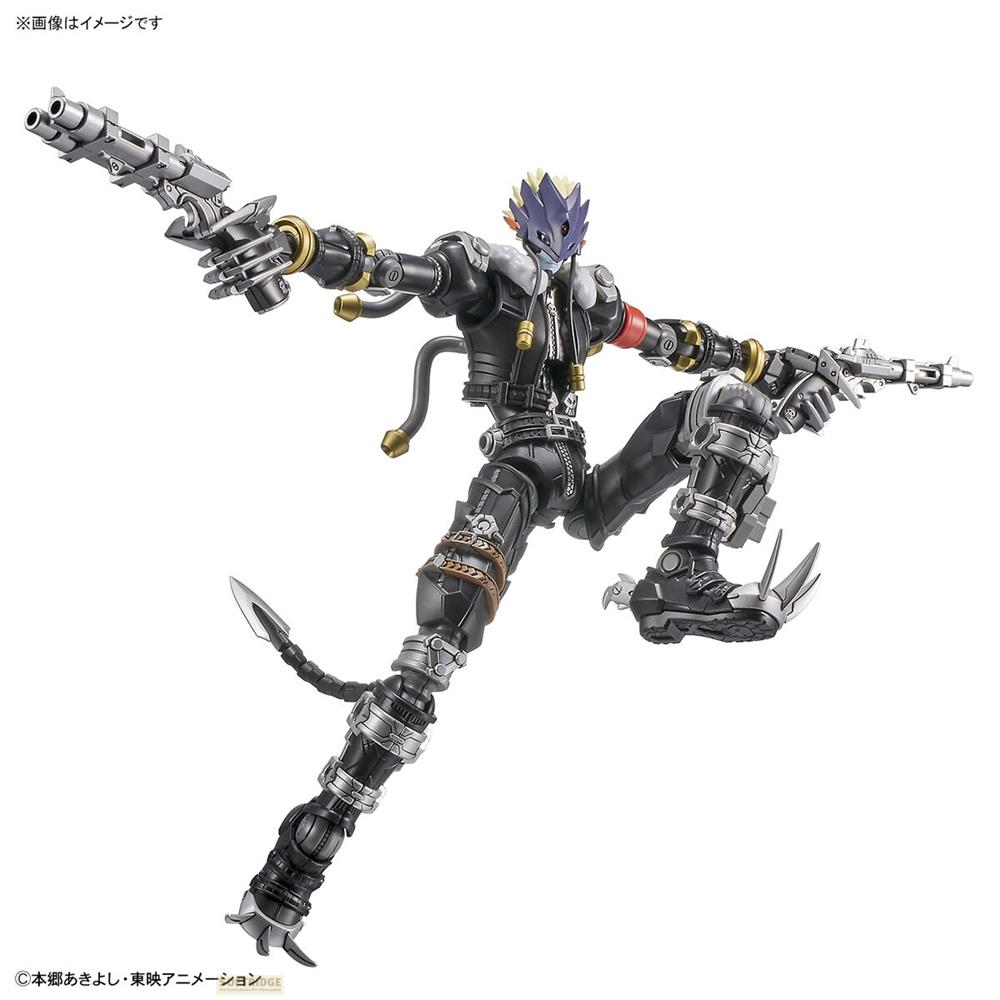Figurine d'action d'un personnage bleu et jaune tenant deux pistolets.