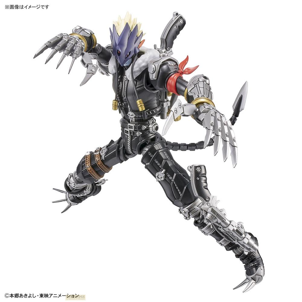 Un Digimon avec une tête bleue, des cheveux jaunes, des vêtements noirs et des griffes.