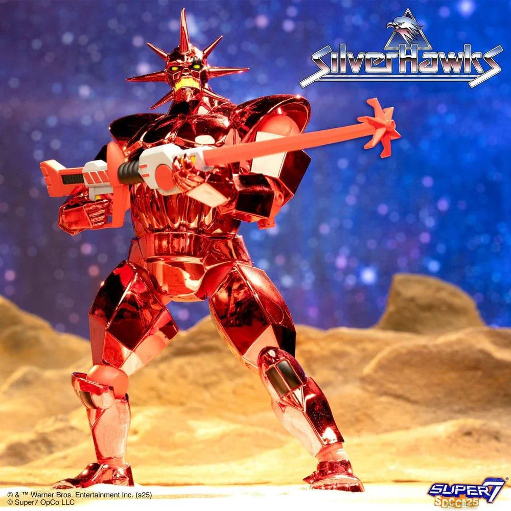 Un robot Silverhawks rosso con pistola laser, ambientato in un paesaggio desertico.