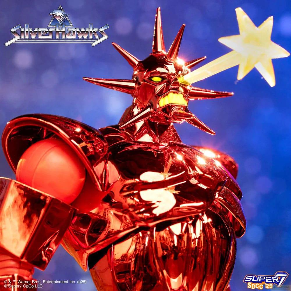 Robot rosso Silverhawks con occhi luminosi e raggio di stella giallo.