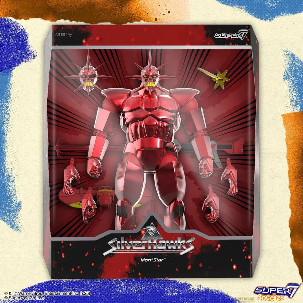 Action figure Mon*Star SilverHawks rossa nella sua scatola.