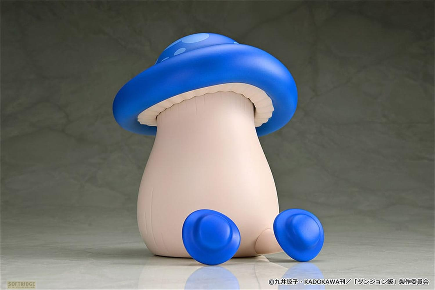 Una figura di fungo blu con gambo beige chiaro e due piedi blu.