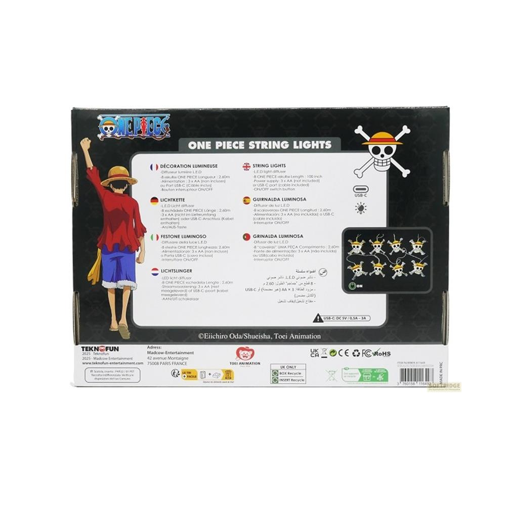 One Piece LED-Lichterkette mit Luffy und Totenkopf-Motiv, USB-C-Betrieb.