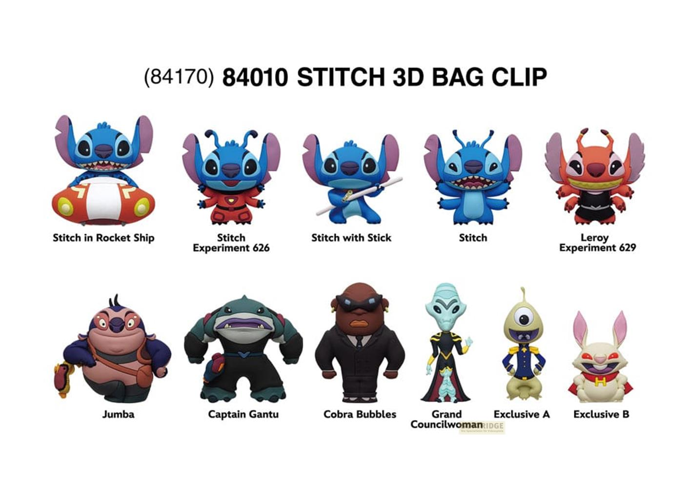 Figuras de Stitch en varias poses, incluyendo nave espacial y Leroy.