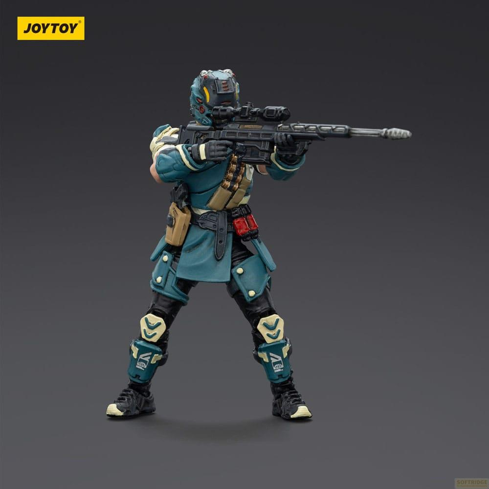Eine Actionfigur eines Soldaten in blauer Rüstung hält ein Gewehr.