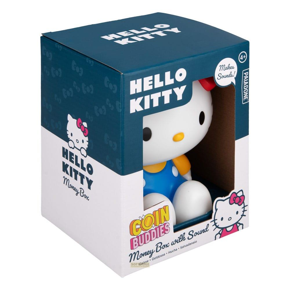 Pudełko na pieniądze Hello Kitty z dźwiękiem, w niebieskich ogrodniczkach i żółtej koszulce.