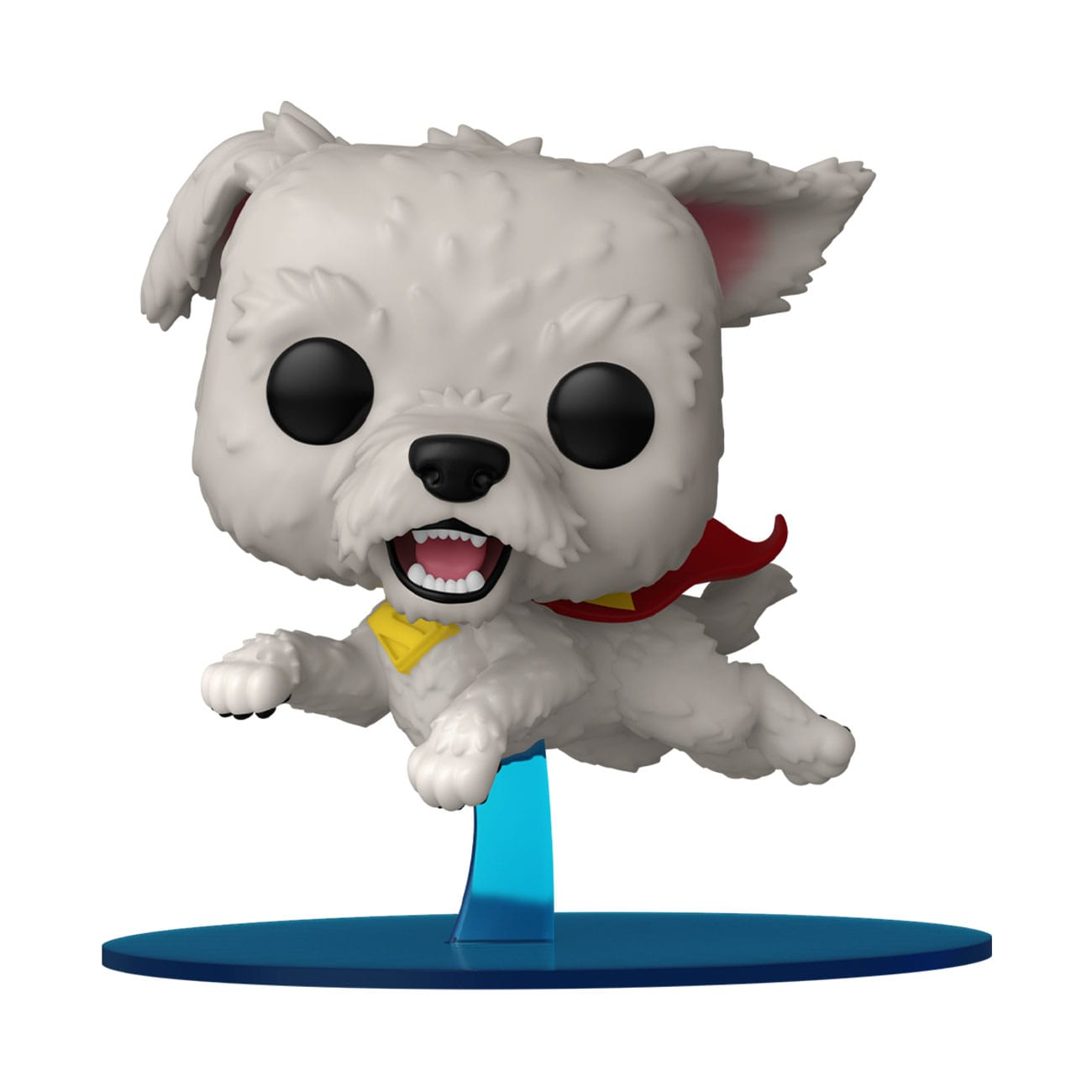 Un perro blanco con capa roja y collar amarillo vuela sobre un soporte azul.