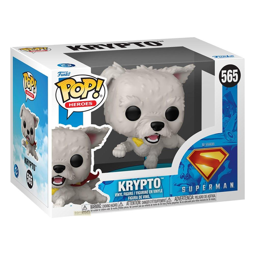 Un juguete de figura de vinilo Funko Pop blanco de Krypto en su embalaje.
