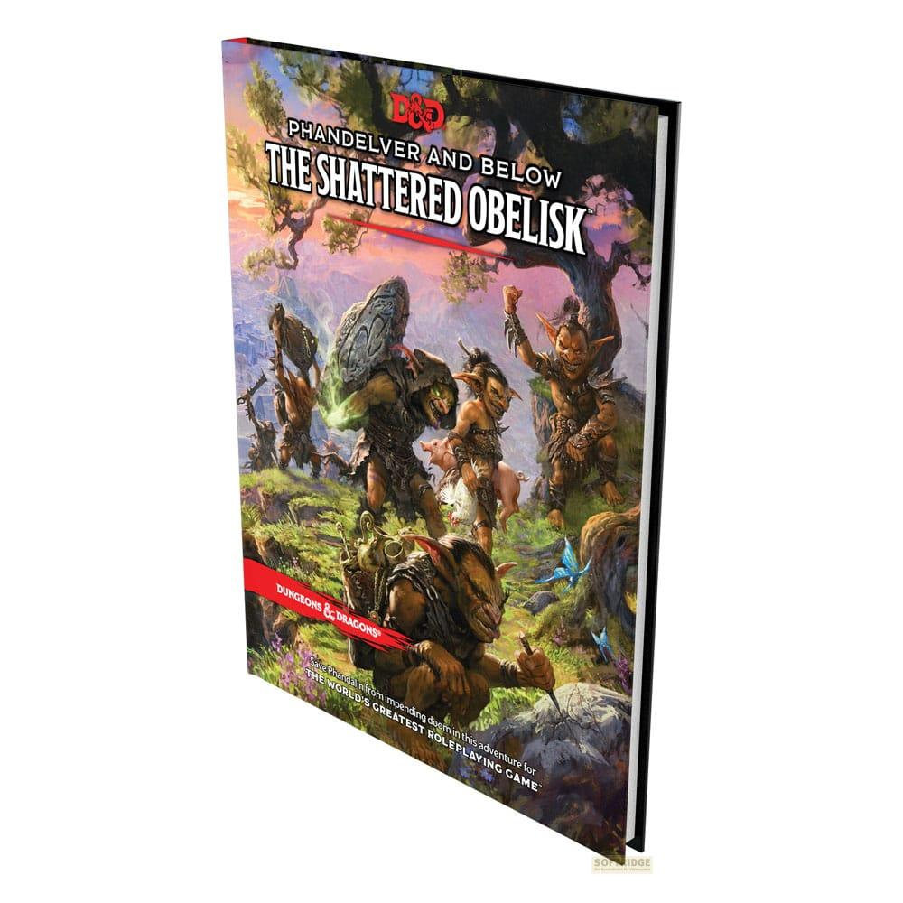 Couverture du livre : Aventure D&D 'The Shattered Obelisk' avec des gobelins et créatures en forêt.