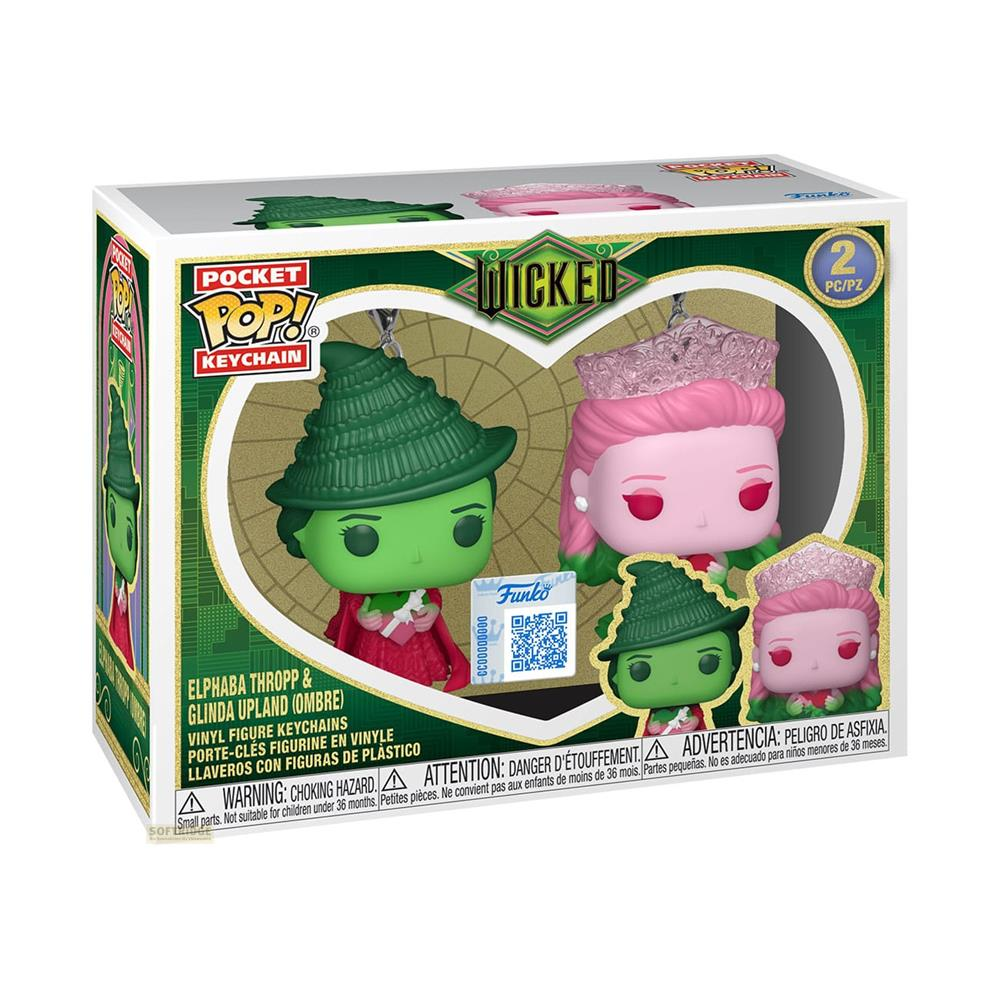 Caja de llaveros Funko Pop! Wicked con figuras de Elphaba y Glinda.