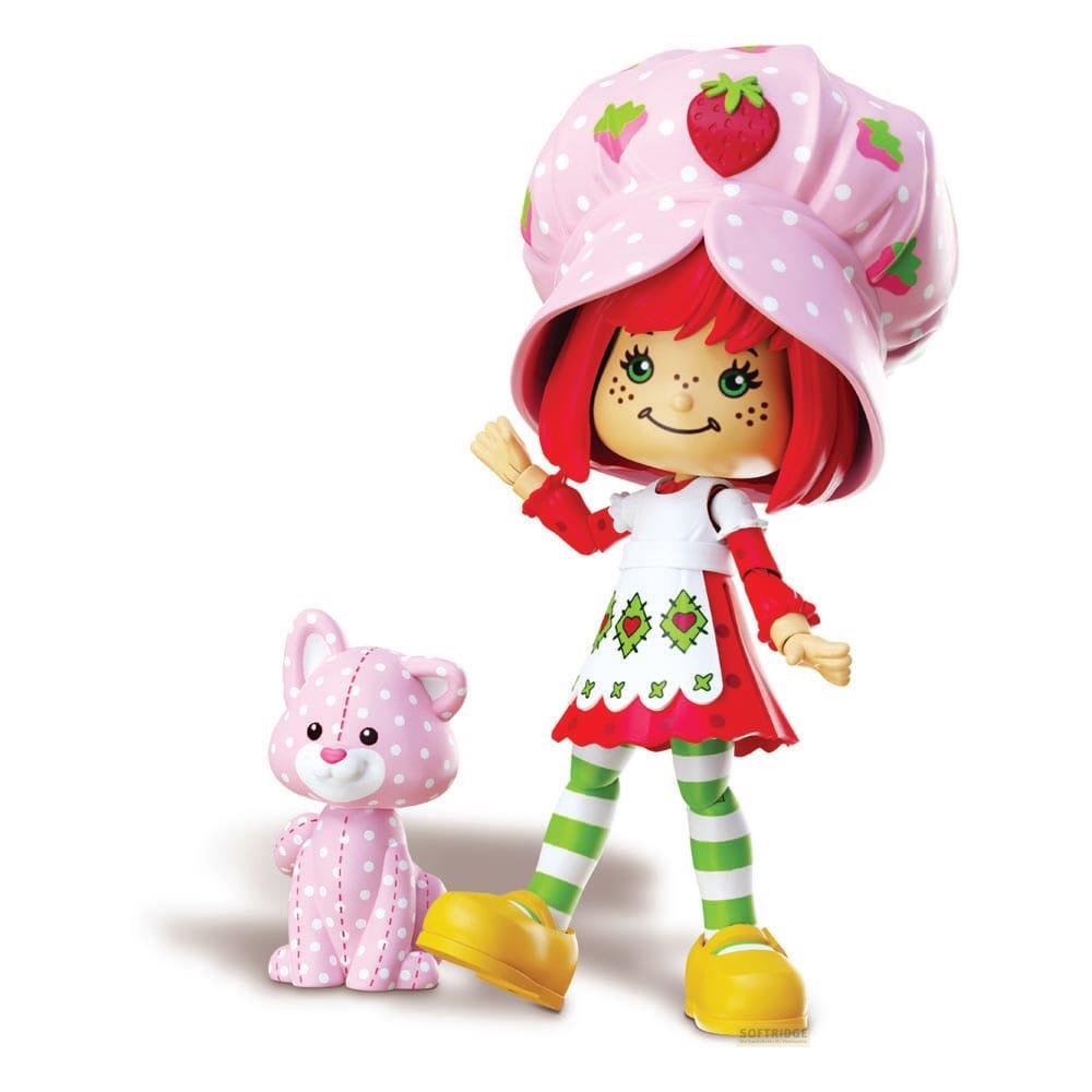 Bambola Strawberry Shortcake con gattino rosa, vestito bianco, calze a righe.