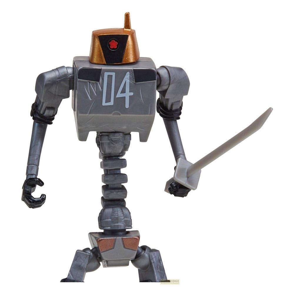 Robot grigio con spada e il numero 04 sul petto.
