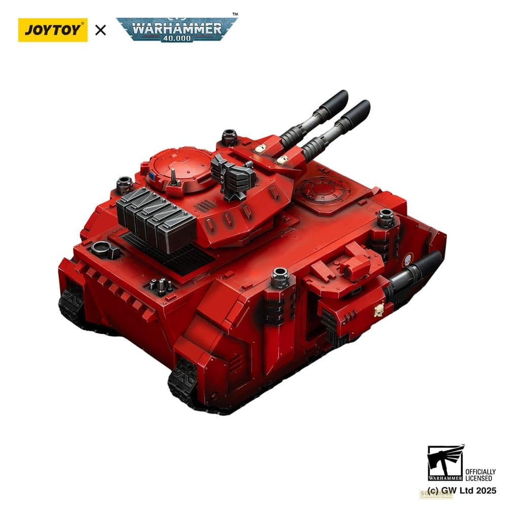 Czerwony pojazd Warhammer 40.000 z dwoma działami na wieży.