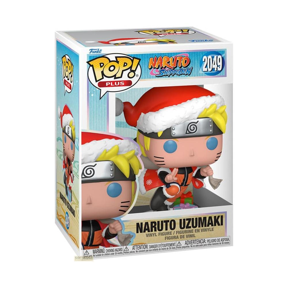 Figura Funko Pop de Naruto Uzumaki con gorro de Papá Noel, levantando dos dedos.