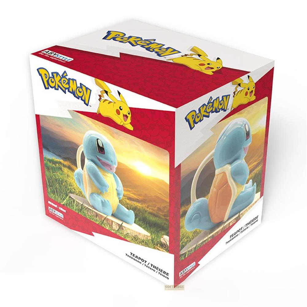Boîte Pokémon avec graphismes Squirtle et Pikachu, fond de coucher de soleil.