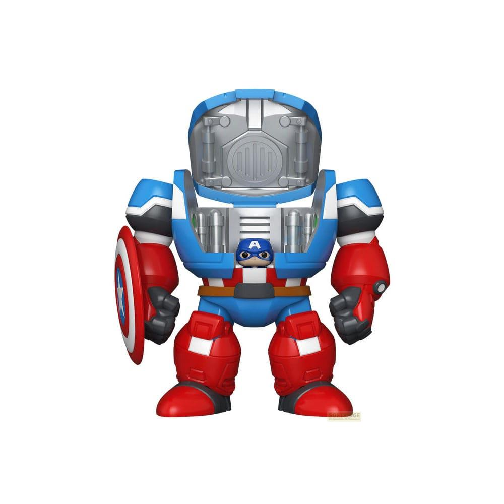 Un mecha azul y rojo del Capitán América con un escudo y una pequeña cabeza del Capitán América arriba.