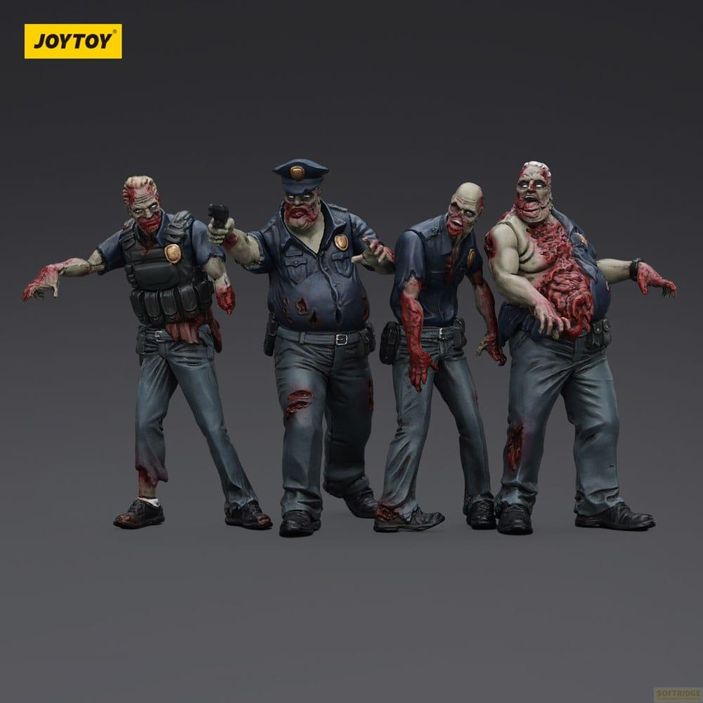 Quattro figure di zombie in divise di polizia strappate e equipaggiamento tattico su sfondo grigio.